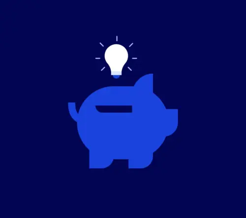 Illustration of a blue piggy bank with an idea lightbulb above it.