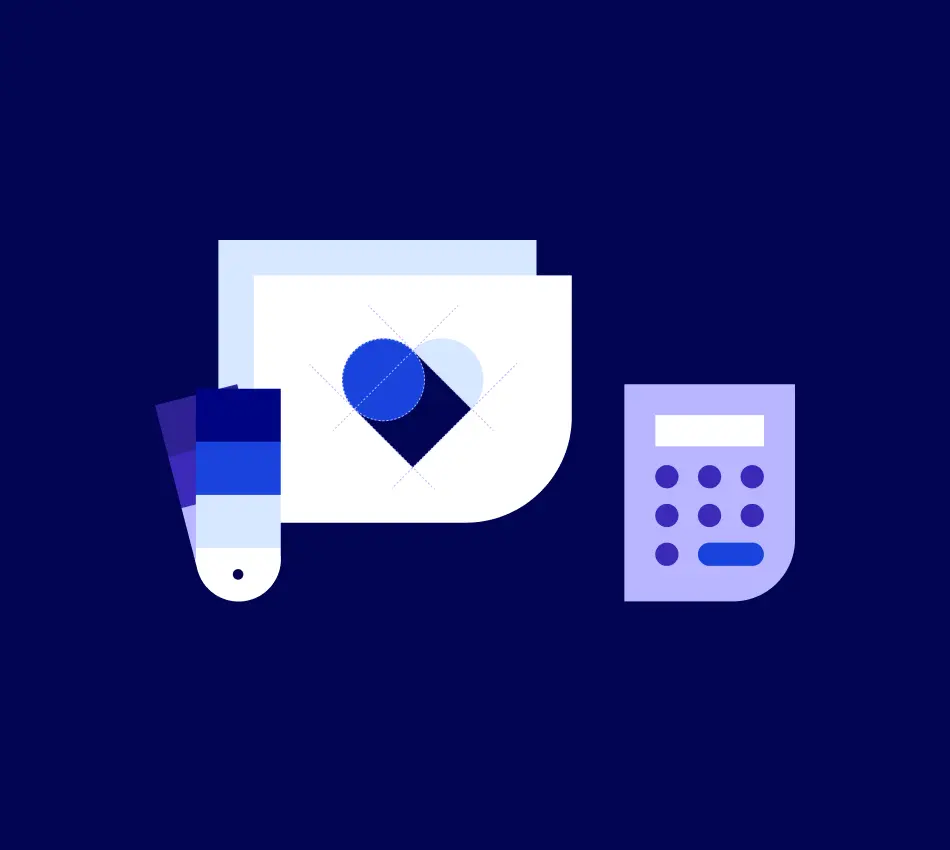 Illustration of color swatches, logo options, and a calculator.