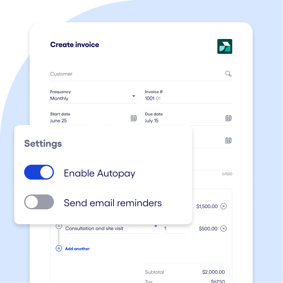 Bluevine invoice creation form showing recurring invoice setup