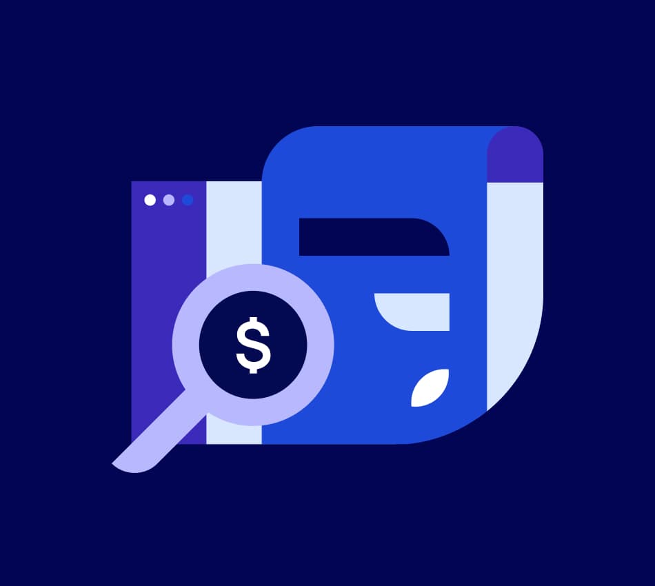 Illustration of a webpage and magnifying glass depicting a business line of credit application.