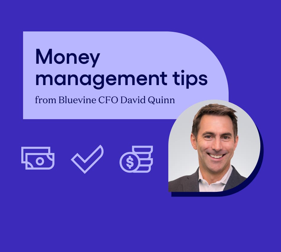 Photo of Bluevine CFO David Quinn and illustrations of money, a checkmark, and coins.