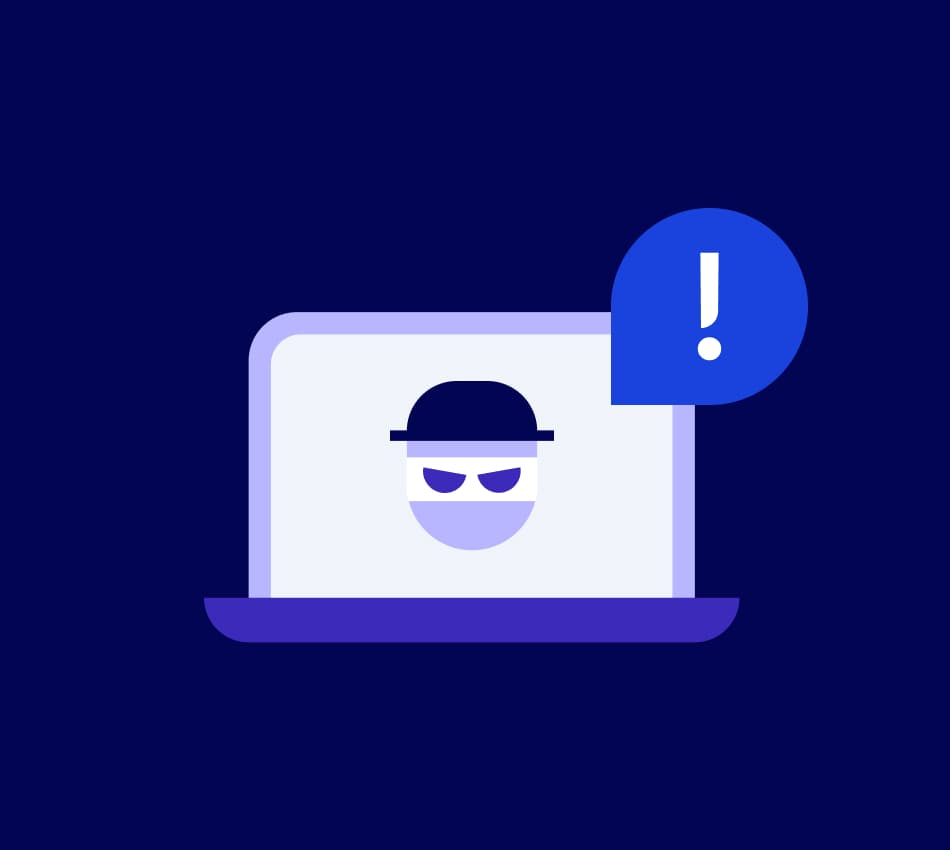 Illustration of a laptop with an online scammer's face on the screen.