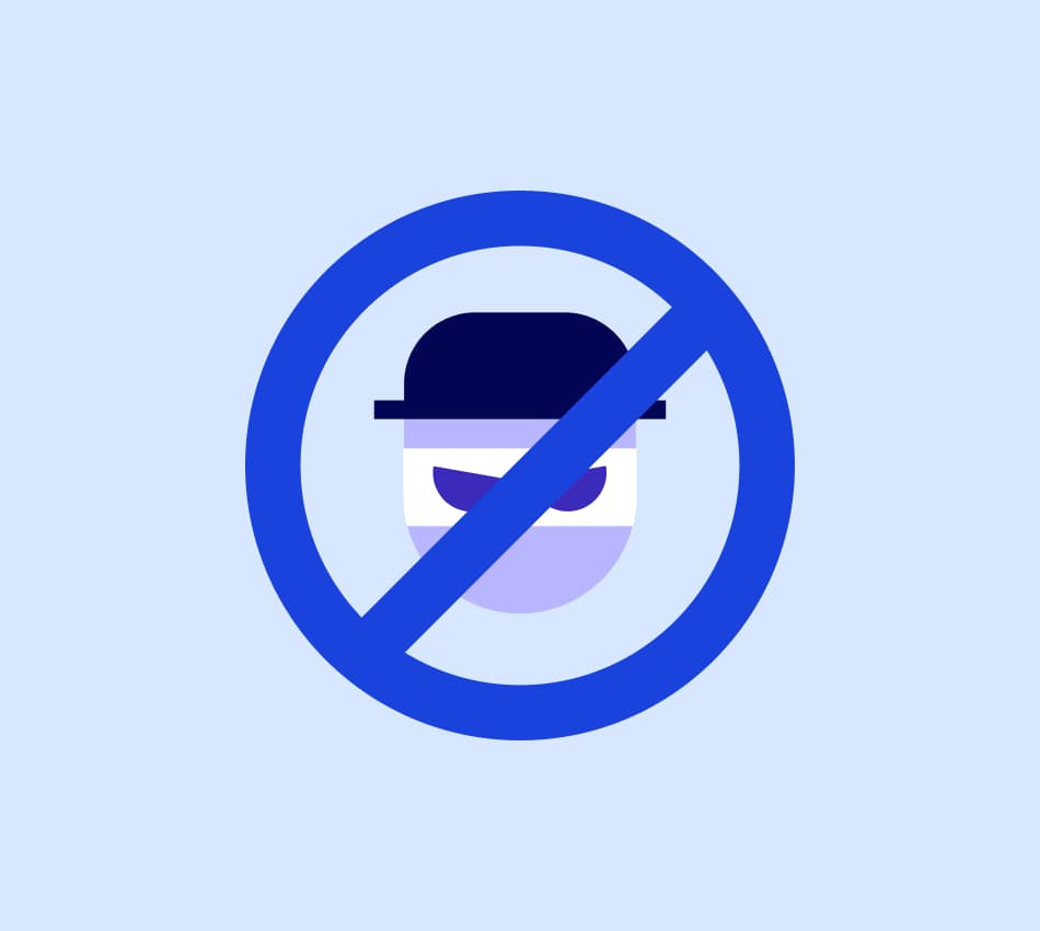 Illustration of an identity thief with a circle and bar over his face.