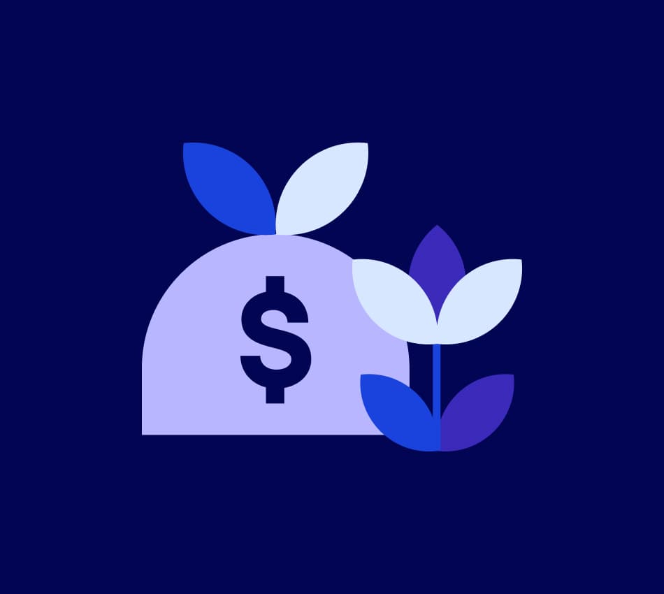Illustration of a moneybag and a growing plant.