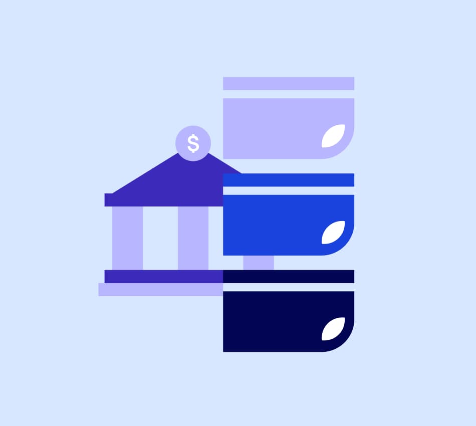 Illustration of bank with multiple debit cards.