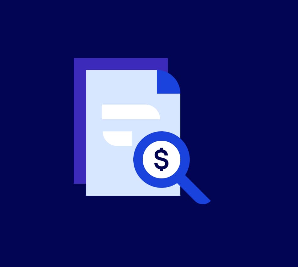Illustration of document with a magnifying glass over it to examine bank fees.