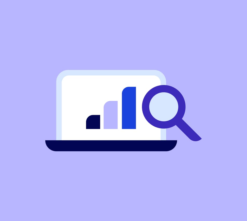 Illustration of a magnifying glass over a laptop with a bar graph on the screen.