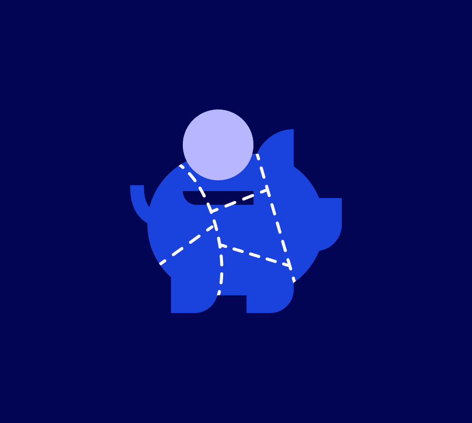 Illustration of a blue piggy bank that's designed like a diagram of the different cuts of pork.
