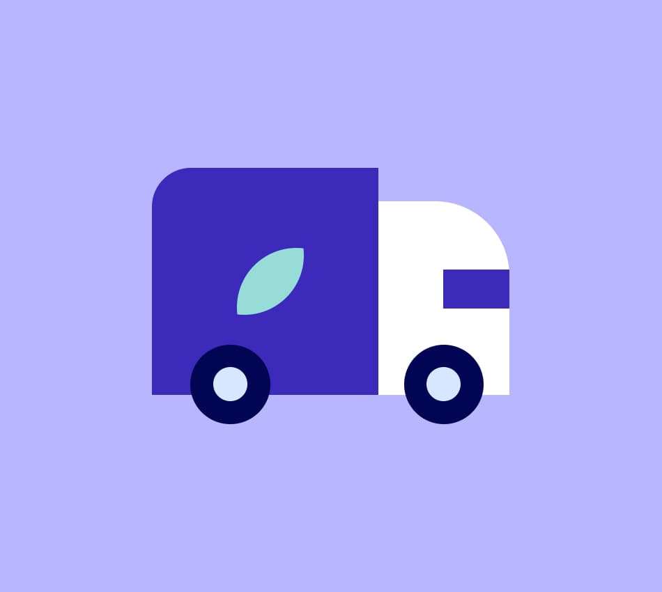 Illustration of a truck with a leaf icon on the side to represent sustainable freight shipping.