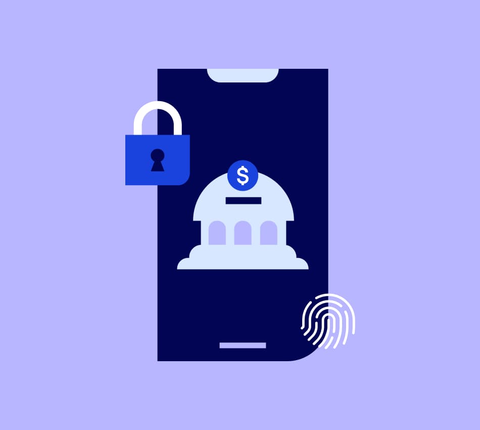 Illustration of a phone with a bank account on the screen, secured by a lock and a fingerprint.