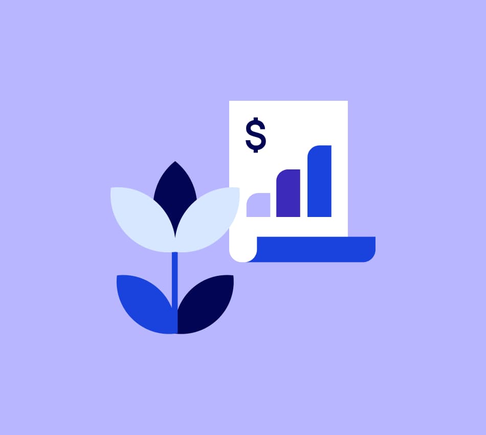 Illustration of a blooming flower next to a small business term loan sheet.