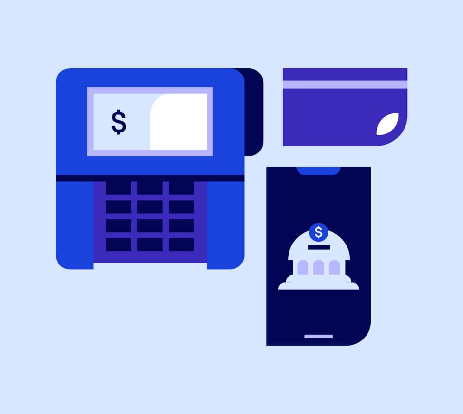 Illustration of a point-of-sale terminal, a credit card, and a smartphone to represent merchant accounts.