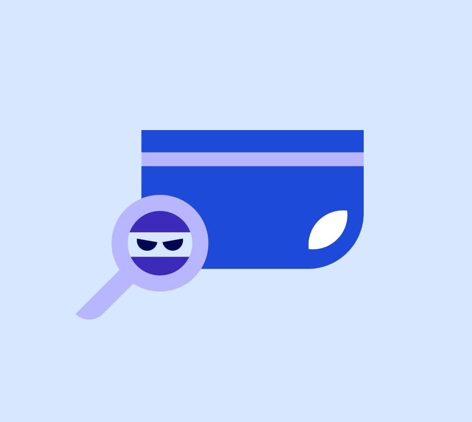 Illustration of a magnifying glass detecting a fraudster over a business credit or debit card.