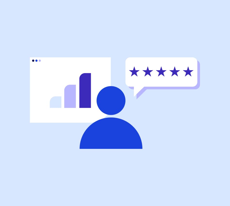 Illustration of a bar graph tracking customer experience through user reviews.