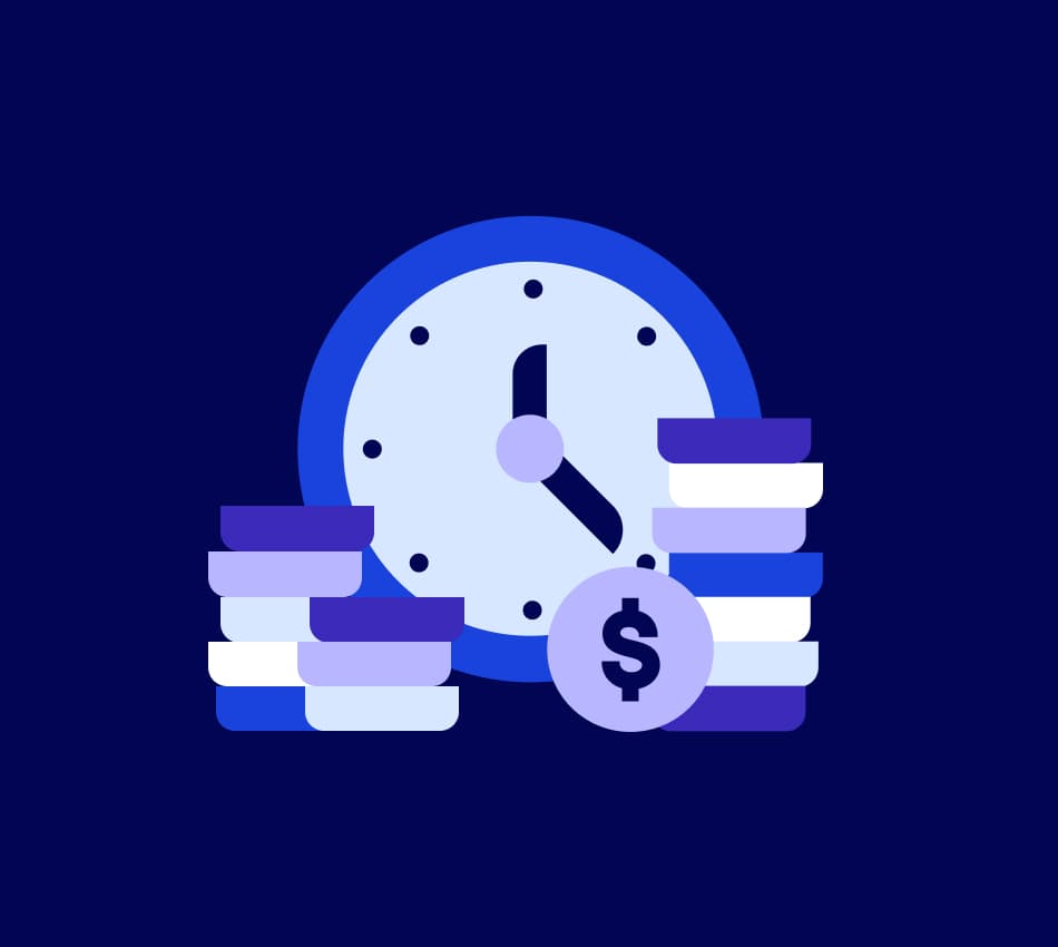 Illustration of a clock with stacks of money to represent how businesses can save time managing expenses.