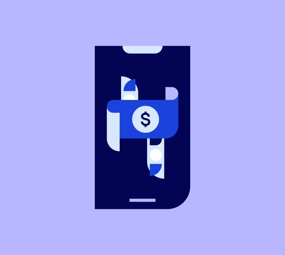 Illustration of a phone with a mobile payment app for businesses.