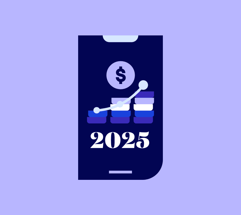 Illustration of a smartphone showing upward financial trends for 2025.