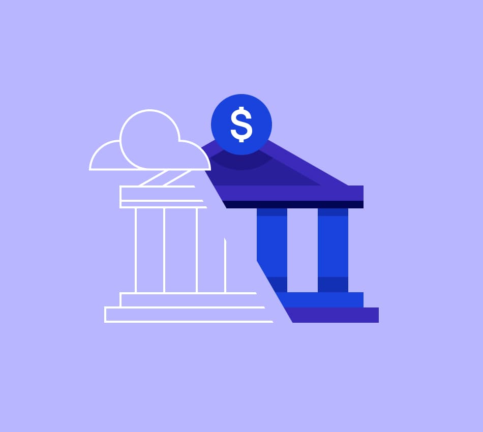 Illustration of a traditional bank and a digital banking platform, or fintech.