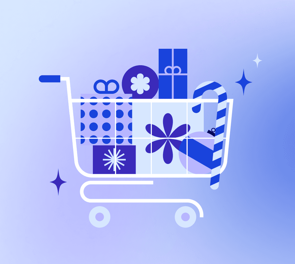 Illustration of a shopping cart filled with holiday gifts.