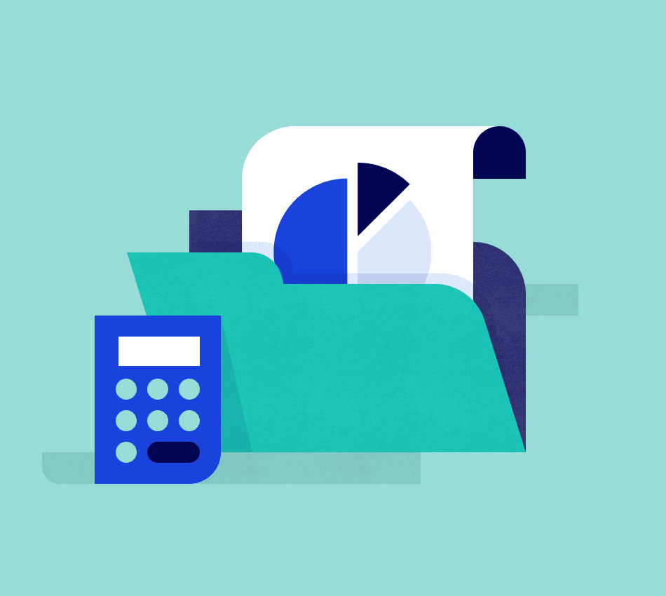 Illustration of folder and calculator with reports about the cost of starting a business