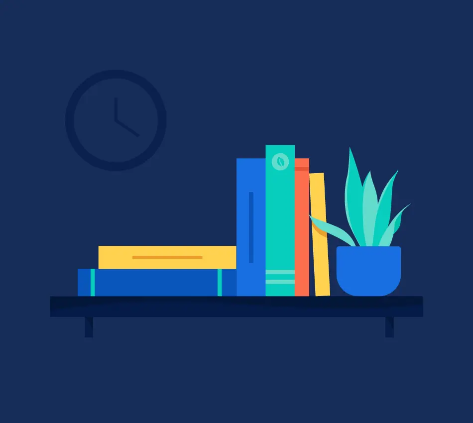 Illustration of books stacked on a shelf with a fern plant beside them | Bluevine