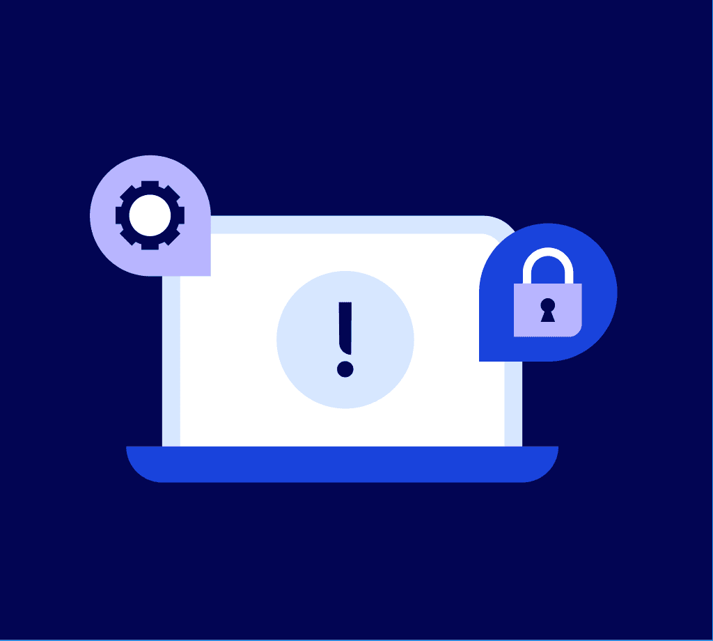 Illustration of a laptop with security symbols popping up around it, like a settings icon, a lock icon, and an exclamation point.