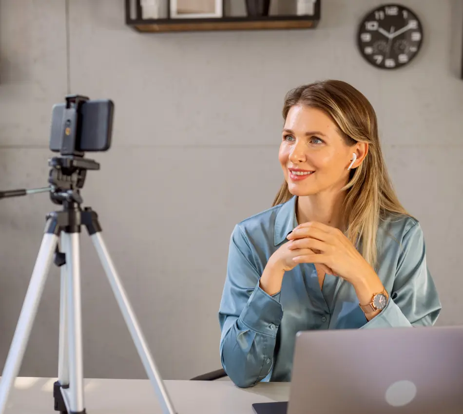Female business owner creates video content using her phone on a tripod.