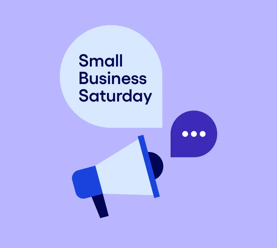 Illustration of a megaphone and speech bubble that says "Small Business Saturday."