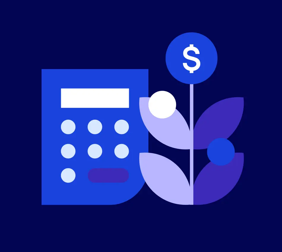 Illustration of a calculator and a plant that grows money.