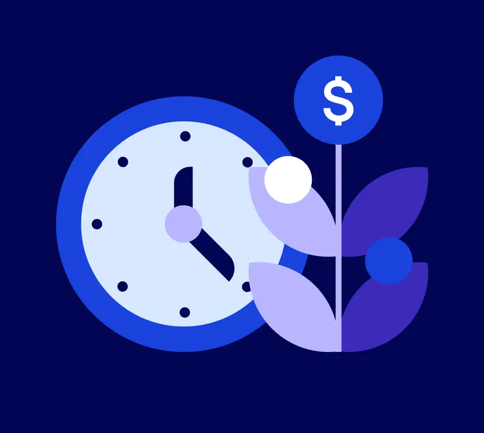 Illustration of a clock and a plant that grows money.