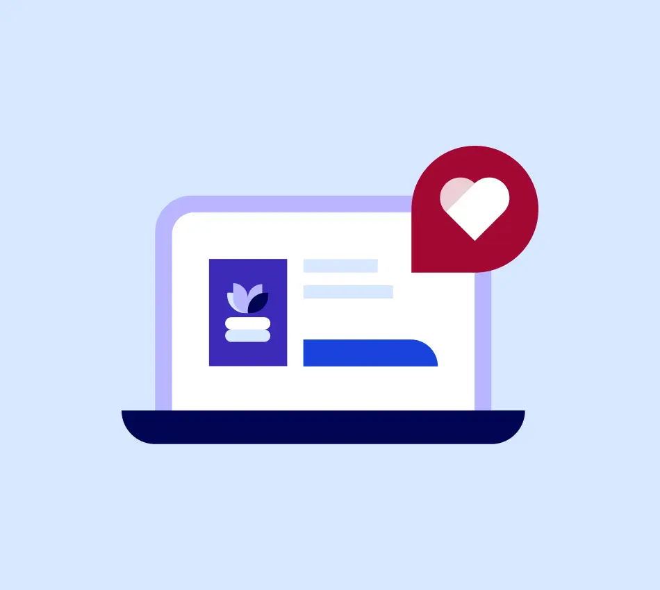 Illustration of a laptop screen featuring an ecommerce website and a thought bubble with a heart to represent trust.