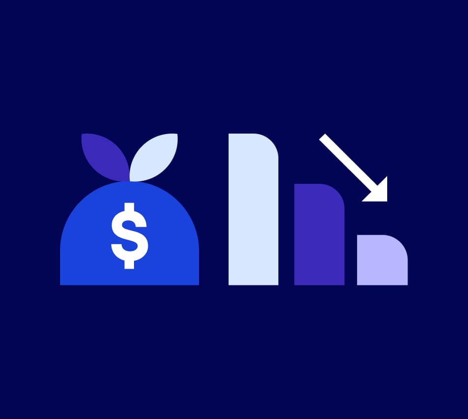 Illustration of a money bag and a declining bar graph.