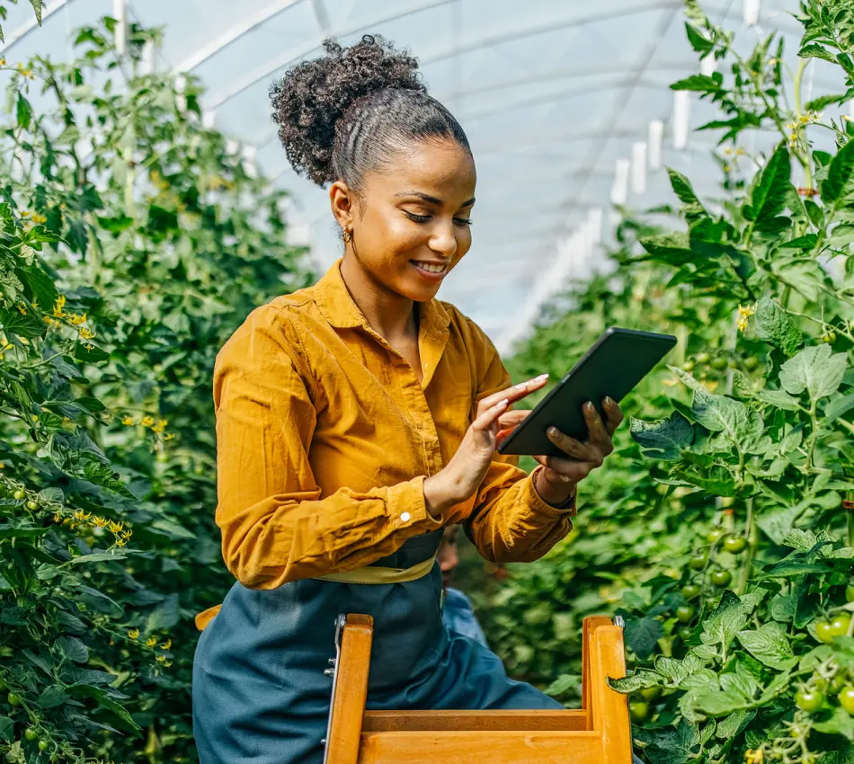 Female business owner works on a tablet in a greenhouse.