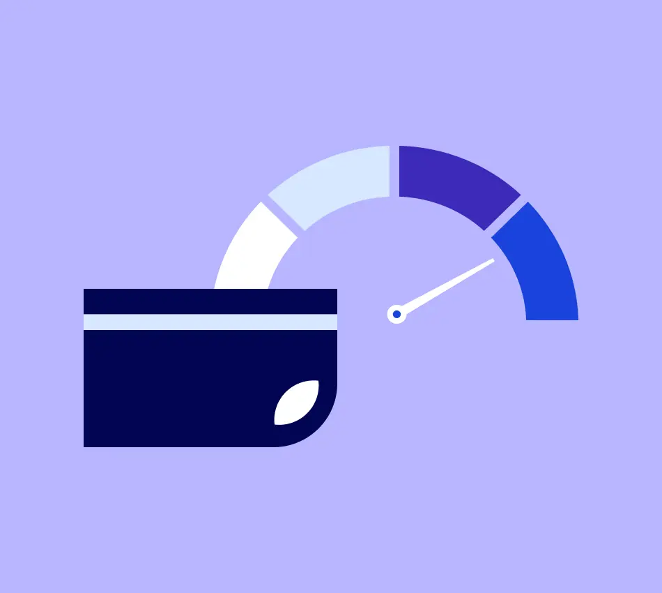 Illustration of a business credit card with a credit score meter, with the dial in the excellent range.
