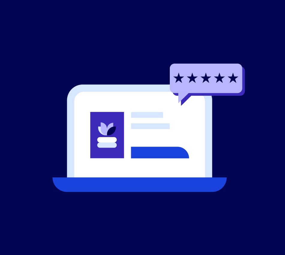 Illustration of a laptop screen with a customer review of an ecommerce product popping off the screen.