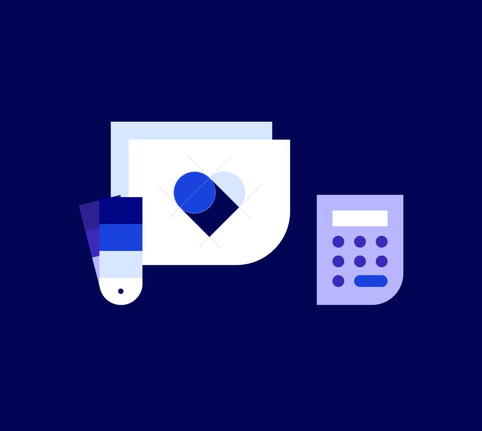 Illustration of color swatches, logo options, and a calculator.