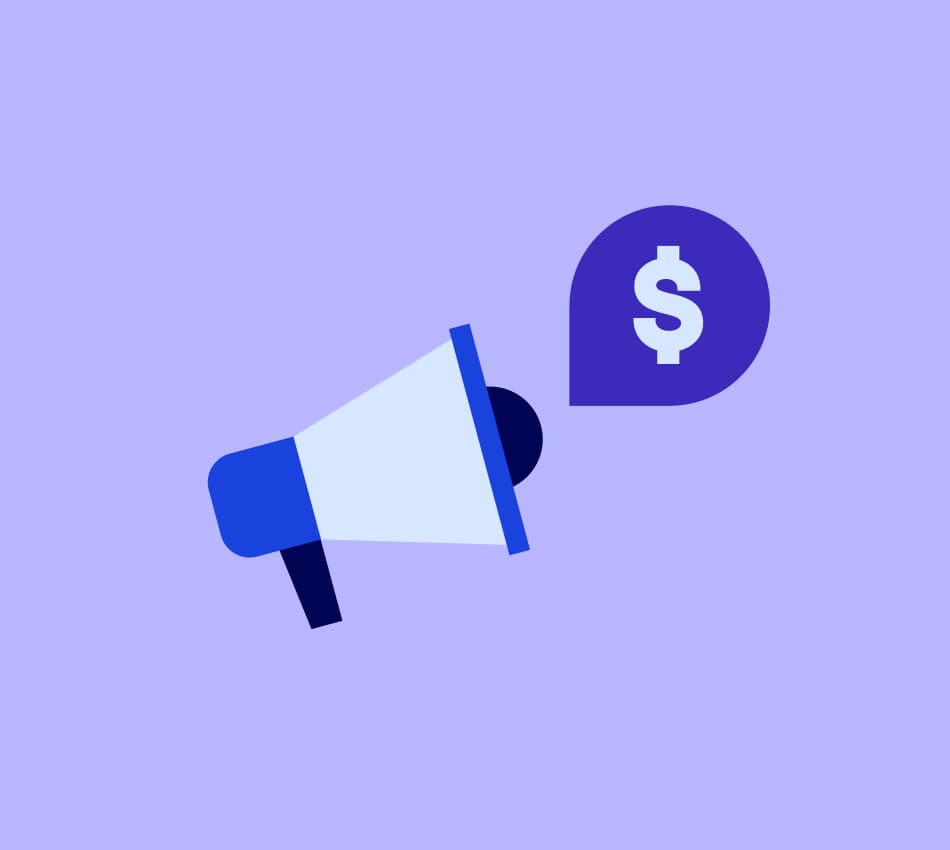 Illustration of megaphone and speech bubble with a dollar sign in it.