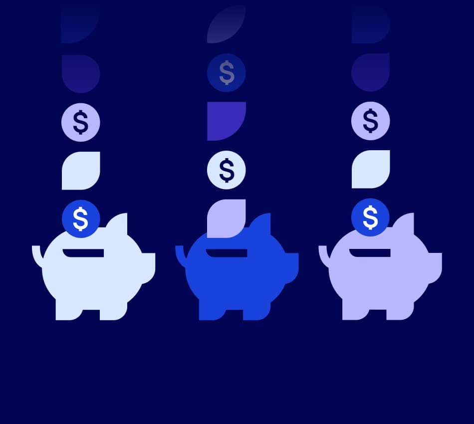 Illustration of multiple piggy banks with money falling into the slots.
