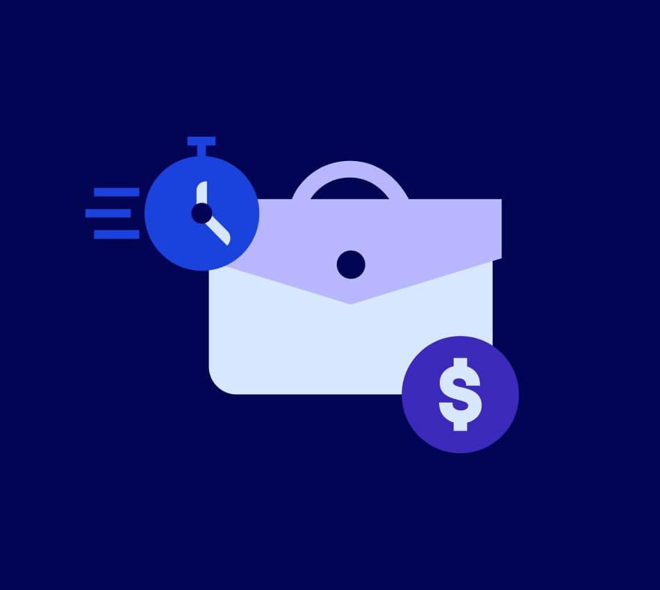 Illustration of a purse with a dollar sign and timer, to represent a fast business loan.