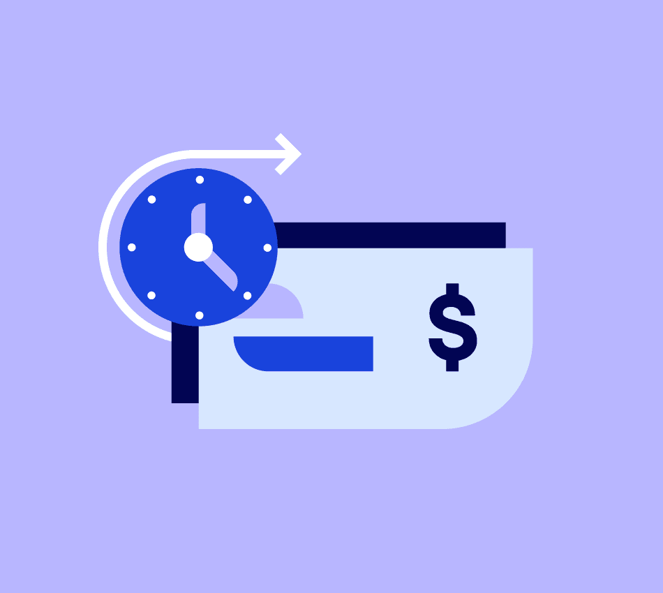 Illustration of a check payment and a winding clock.