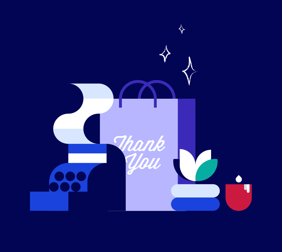 Illustration of cash register, shopping bag, and decorations.