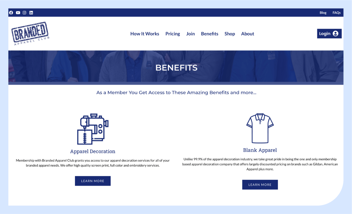 Screenshot of the Branded Apparel Club website