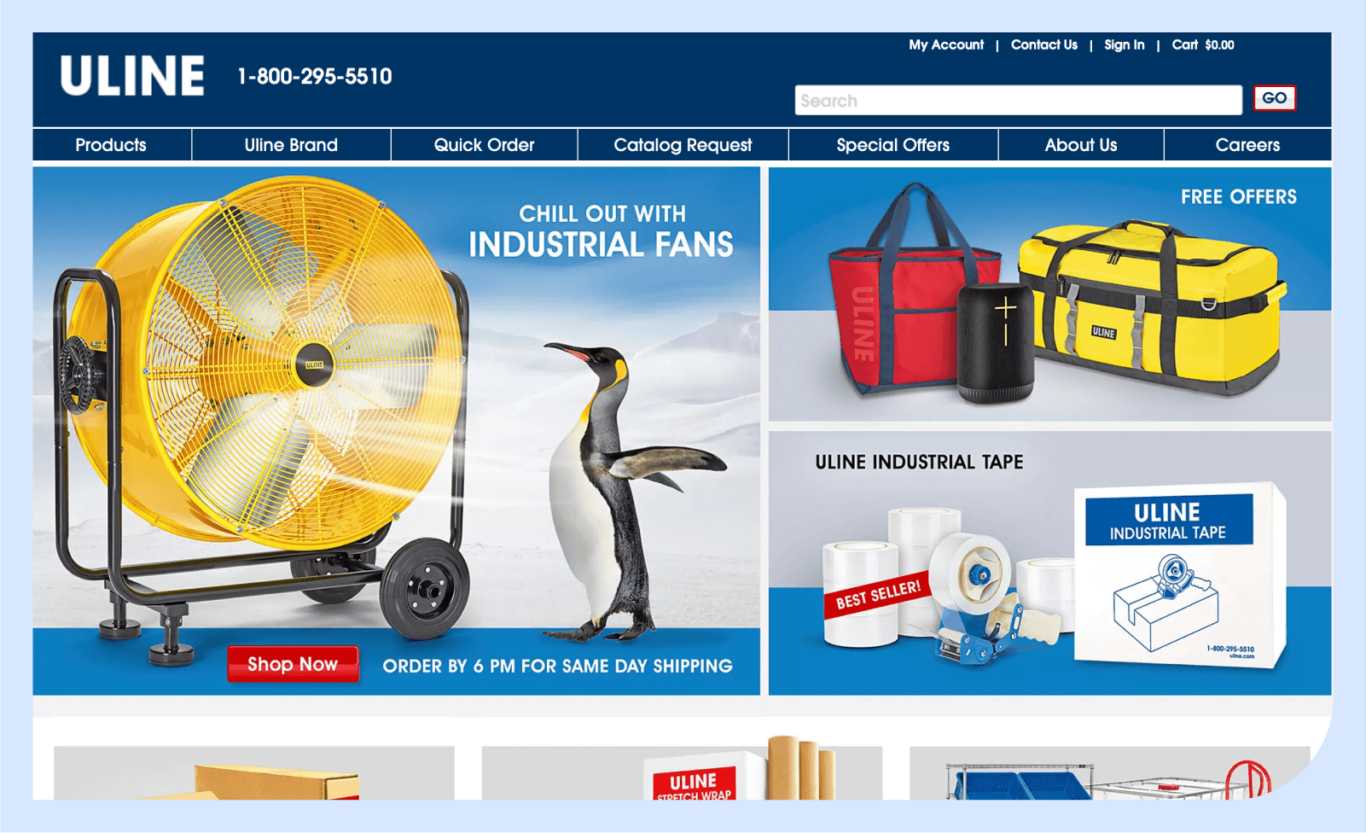 Screenshot of the Uline website