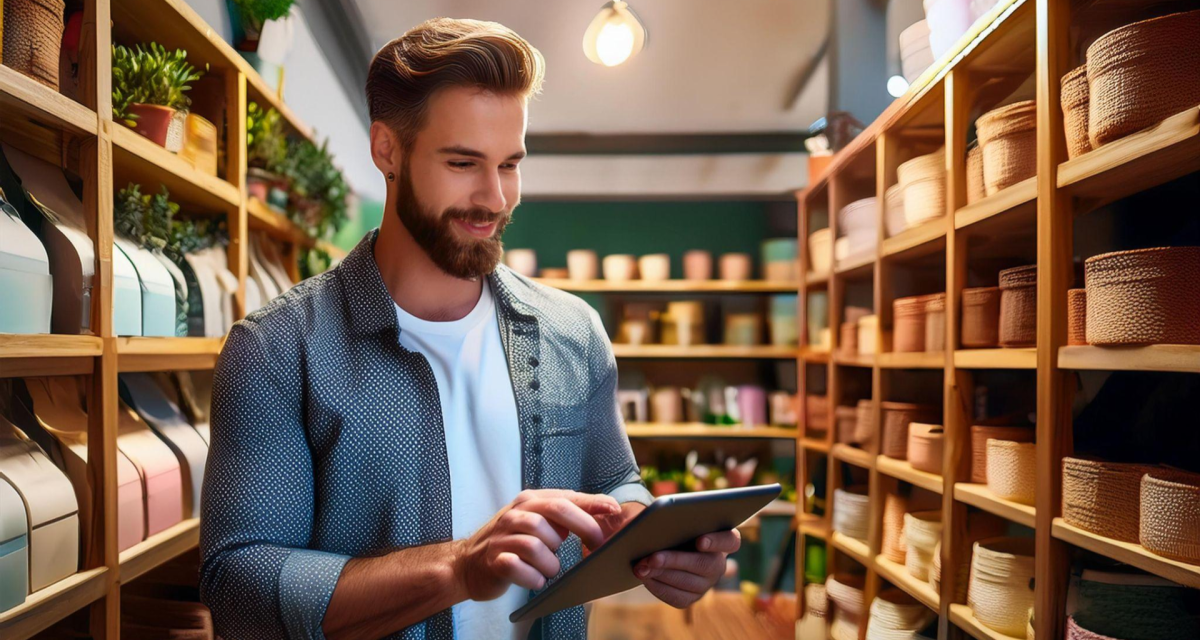 Adobe Firefly prompt: Photo of a small business owner taking inventory on a tablet for a lifestyle shop.