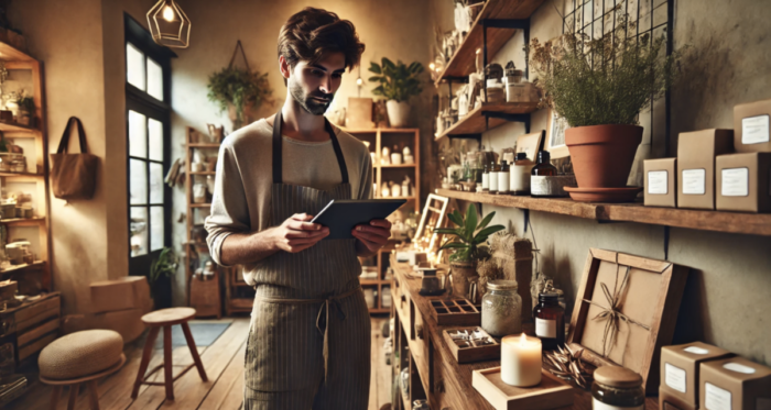 DALL·E 3 prompt: Photo of a small business owner taking inventory on a tablet for a lifestyle shop.