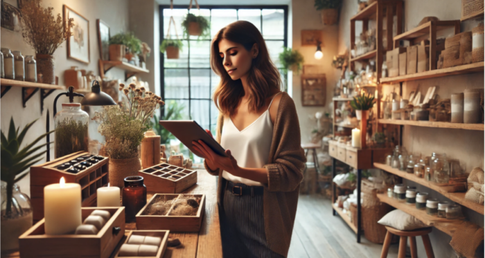 DALL·E 3 prompt: Photo of a small business owner taking inventory on a tablet for a lifestyle shop.