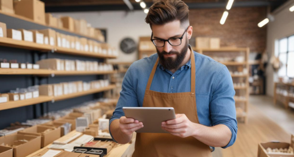 Freepik Mystic prompt: Photo of a small business owner taking inventory on a tablet for a lifestyle shop.