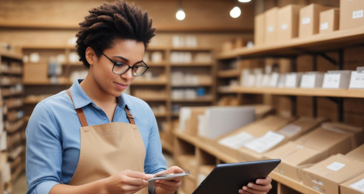 Freepik Mystic prompt: Photo of a small business owner taking inventory on a tablet for a lifestyle shop.