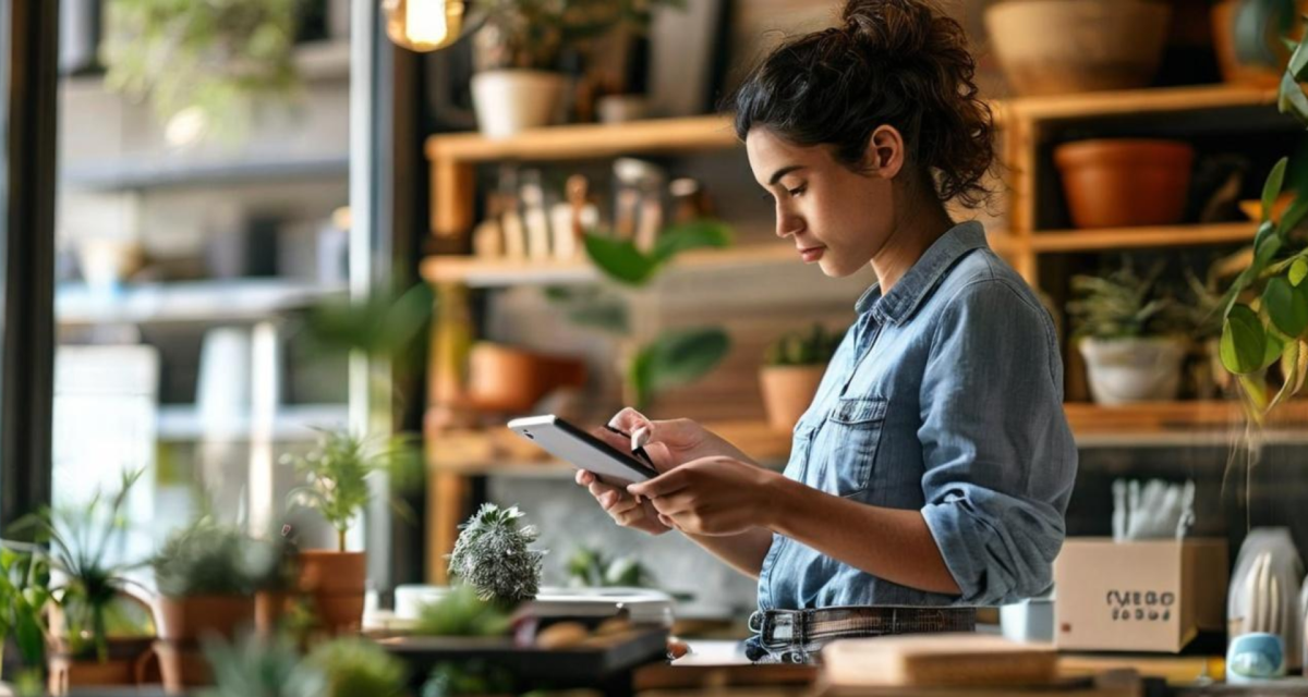 Haiper prompt: Photo of a small business owner taking inventory on a tablet for a lifestyle shop.