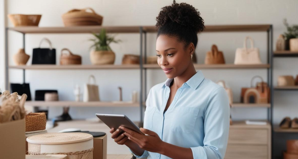 Leonardo Phoenix prompt: Photo of a small business owner taking inventory on a tablet for a lifestyle shop.